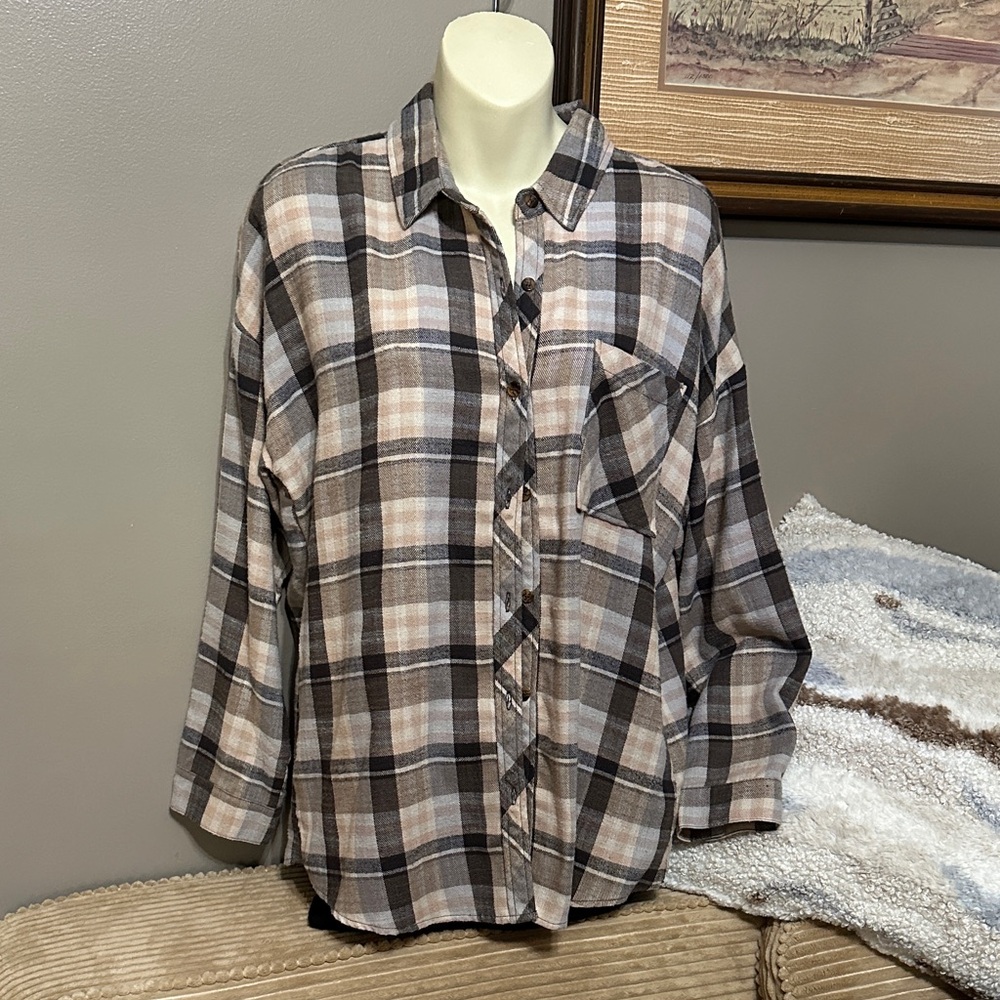 Talulah Plaid Button-Up Shirt lightweight size small brown, tan with pink hues